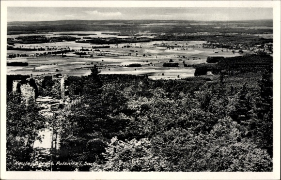 Postcard Pulsnitz Saxony, view of landscape, forests, fields, ruins