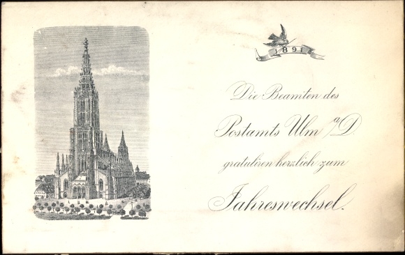 Postkantoor Nieuwjaarsgroet - van de ambtenaren van het postkantoor in Ulm Donau 1891 Ulm Minster