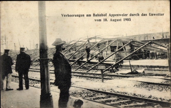 Postcard Appenweier in Baden Schwarzwald, devastation at the train station due to storms in 1905