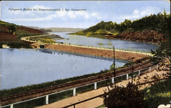 Postcard Malter Dippoldiswalde in the Eastern Ore Mountains, dam, fore-dam, railway tracks