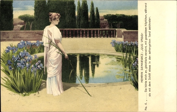 Artists Postcard Stachiewicz, Piotr, Henryk Sienkiewicz, Quo Vadis, woman draws in the sand with reeds