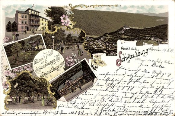 Postcard Schwarzburg in Thuringia, Glaser's Hotel, Schwarzburger Hof, green landscape, flowers