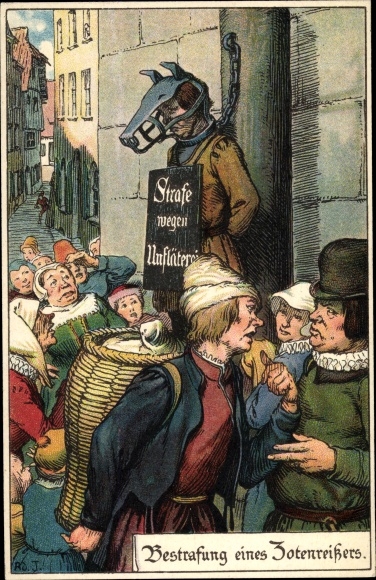 Künstler Litho Jodolfi, Bestrafung eines Zotenreißers, Hundemaske, Strafe wegen Unfläterei