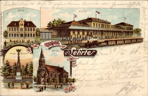 Chromo-Litho Lehrte in Lower Saxony, train station, war memorial, school, church