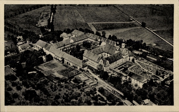 Postcard Benediktbeuern in Upper Bavaria, aerial view of the monastery rural surroundings