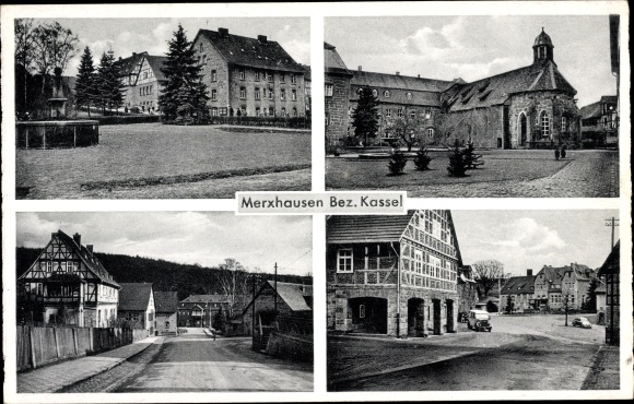 Postcard Merxhausen Bad Emstal in Hesse, church, street, fountain
