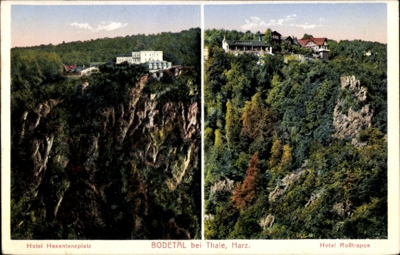 Ak Thale im Harz, Bodetal, Hotel Hexentanzplatz, Hotel Roßtrappe, Landschaft, Felsen, Wald