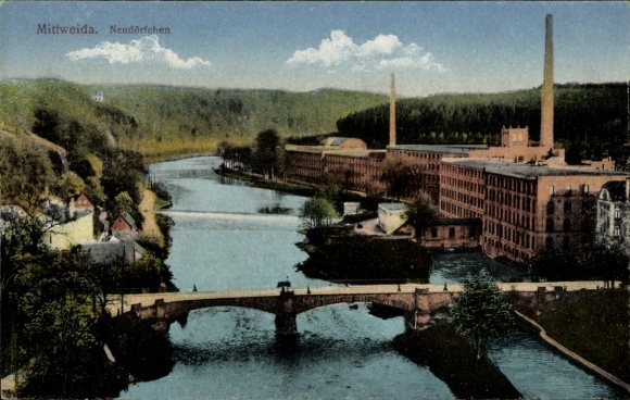 Ak Mittweida in Sachsen, Stadtansicht  Neudorfchen, Fluss, Brücke, Industrie