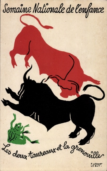 Artist Postcard Lesourt, The Two Bulls and the Frog, Fable, National Children's Week