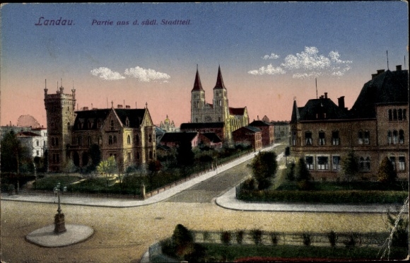 Postcard Landau in der Pfalz, southern district, church