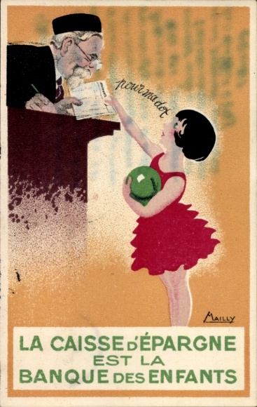 Artist Postcard Mailly, The savings bank is the bank of children, girl at the counter, official