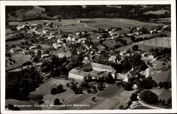 PC Wessobrunn in Upper Bavaria, monastery and parish church with Roman tower, aerial photograph