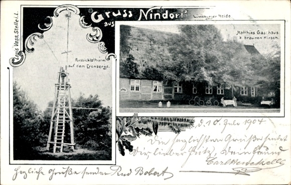 Postcard Nindorf Hanstedt in the Lüneburg Heath, Gasthaus zum Braunen Hirsch, observation tower
