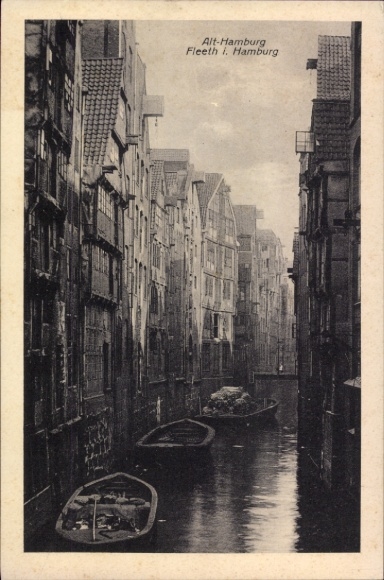 Postcard Hamburg Mitte Old Town, Alt- Fleeth i. Wasserstraße, old buildings, boats