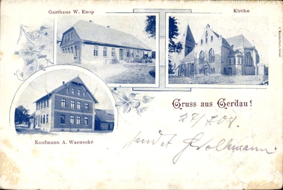 PC Gerdau in the Lüneburg Heath, W. Knop inn, church, merchant A. Waenecke