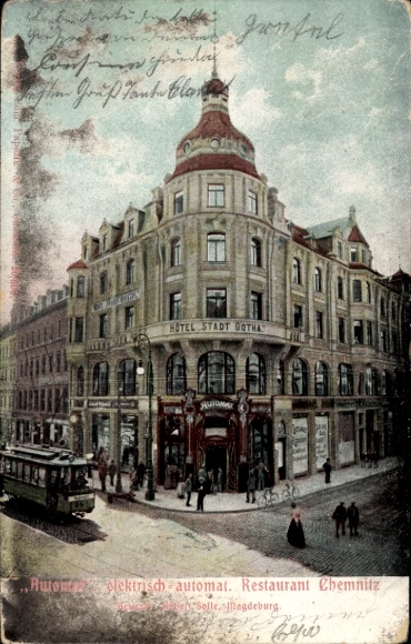 Postcard Chemnitz in Saxony, Hotel Stadt Gotha, Automat Restaurant, Tram