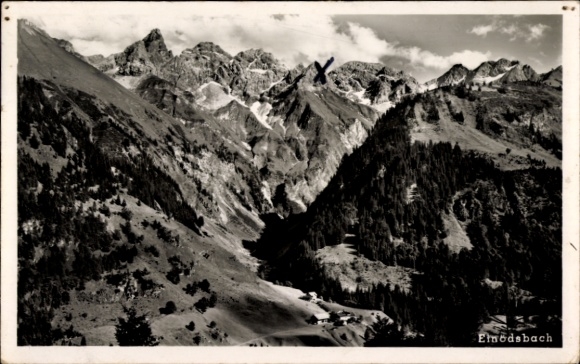 Ak Einödsbach Oberstdorf im Oberallgäu Schwaben, Schöne Berglandschaft, hohe Berge, Wald, Fluss