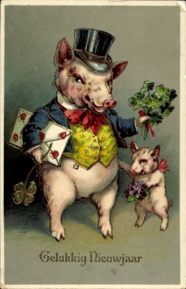 Embossed PC Happy New Year, humanized pigs with clover, letter and flowers