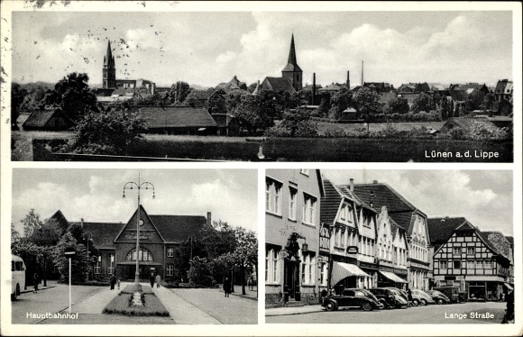 Postcard Lünen in Westfalen, Lange Straße, Hauptbahnhof front, general view