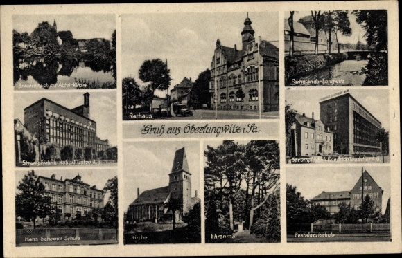 Ak Oberlungwitz in Sachsen, Teilansichten, Rathaus, Ehrenmal, Kirche, Schule, Strumpffabrik