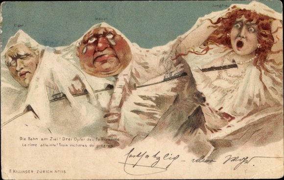 Chromo-Litho Bern Canton Switzerland, Eiger, Mönch, Jungfrau, Cog Railway, Three Victims of Progress