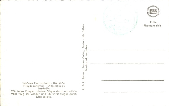 Postcard Wasserkuppe Rhön, Glider Nuremberg at the Aviation Monument, D-13-245