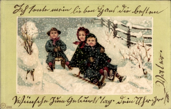 Embossed Chromo-Litho New Year, children sledding, snowman, snowfall