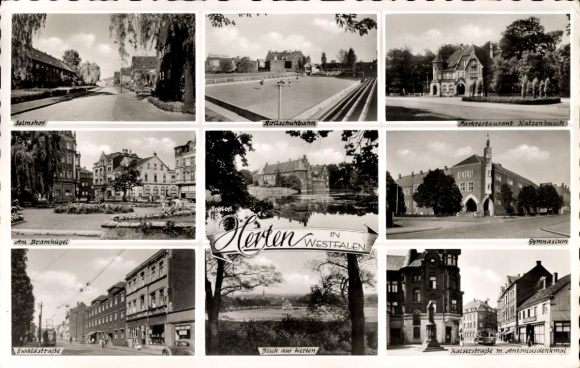 Postcard Herten in the Ruhr area, roller skating rink, Kaiserstraße, Antonius monument, high school, castle