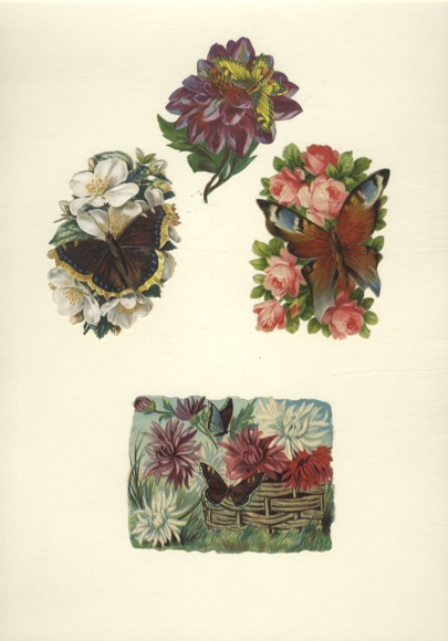 4 Oblaten Schmetterlinge, Blumen, ca. 8 x 9 cm uns 9 x 6 cm