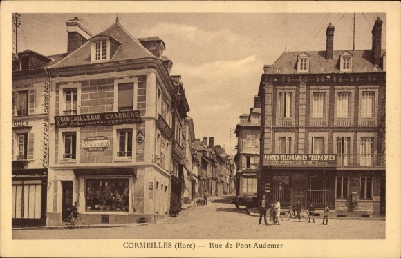 Postcard Cormeilles Eure, street scene with buildings, shops, bicycles, architecture
