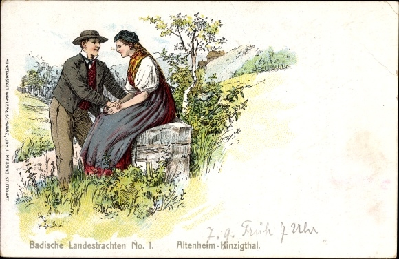 Litho Altenheim Neuried in Baden Württemberg, Badische Landestrachten No. 1, Liebespaar