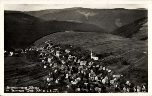Postcard Meura in the Thuringian Forest, high altitude health resort Thuringian Forest, aerial photograph, church visible