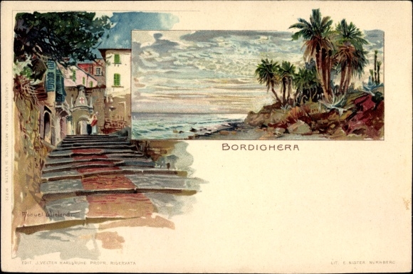 Artysta lito Wielandt, Manuel, Bordighera Liguria, odcinek ulicy ze schodami, wybrzeże