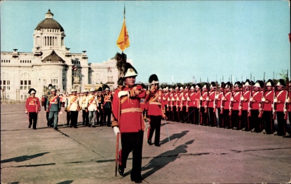 Postcard Bangkok Thailand, His Majesty inspecting the Imperial Guards