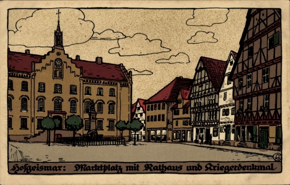 Steindruck Ak Hofgeismar in Hessen, Marktplatz mit Rathaus und Kriegerdenkmal