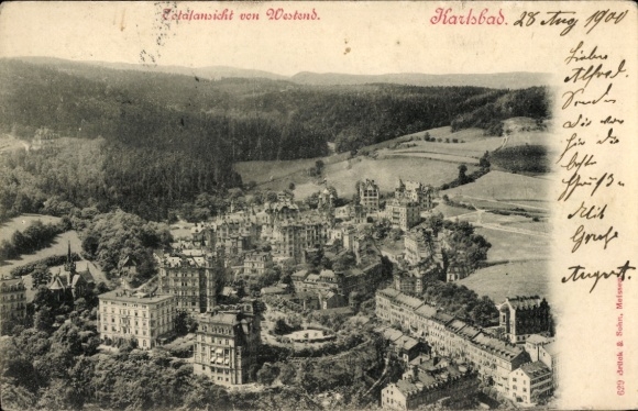 Postcard Karlovy Vary Karlsbad town, total view of Westend, forest