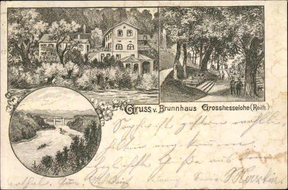 Chromo-Litho Grosshesselohe Pullach, view of the Brunnhaus and the surrounding area