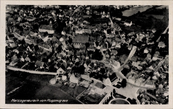Postcard Herzogenaurach in Middle Franconia, aerial photograph of black and white, houses, streets
