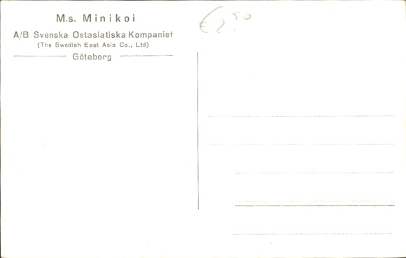 Postcard cargo ship MS Minikoi, Swedish East Asian Company.