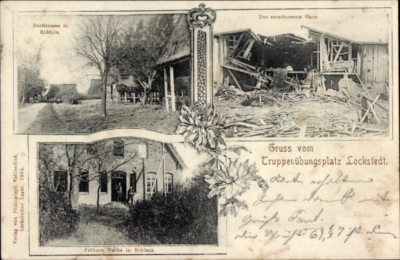 Ak Lockstedt in Holstein, Lockstedter Lager, zerschossenes Haus, Wache, Dorfstraße in Ridders