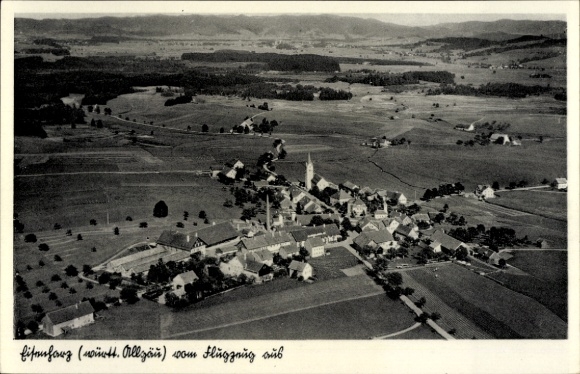 Postcard Eisenharz Argenbühl in Allgäu, aerial view of Eisenharz, rural surroundings, churches, agricultural