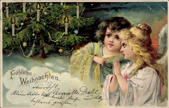 Chromo-Litho Congratulations Christmas, angel, Christmas tree