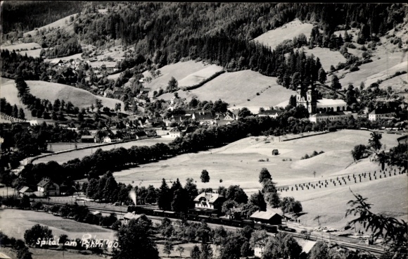 Postcard Jauern Spital am Semmering Styria, landscape with hills, church, railway line, from Spital a