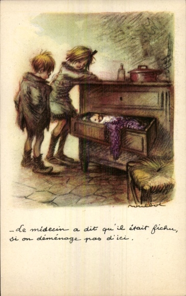 Kunstenaar Ak Poulbot, Franciscque, Kinderen, Baby slapend in een lade