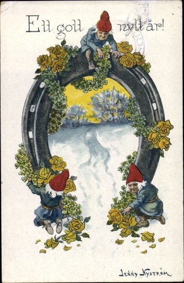 Artist PC Nyström, Jenny, God Nytt Ar, New Year, dwarfs, horseshoe with clover garland