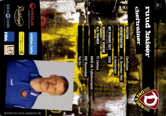 Autograph card head coach Ruud Kaiser, SG Dynamo Dresden, autograph