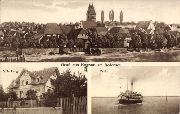Ak Hagnau am Bodensee, Villa Lang, Salondampfer, Totalansicht der Ortschaft
