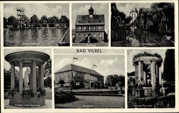 Ak Bad Vilbel in Hessen, Stadhuis, Hassia Sprudel, Kurhaus, zwembad