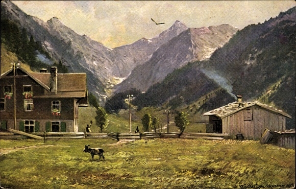 Artist Postcard Müller, M., Oberstdorf in the Oberallgäu, Party at the Spielmannsau, goat