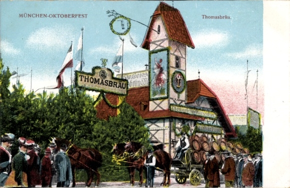 Postcard Munich, Oktoberfest, Thomasbräu, carriage, passers-by